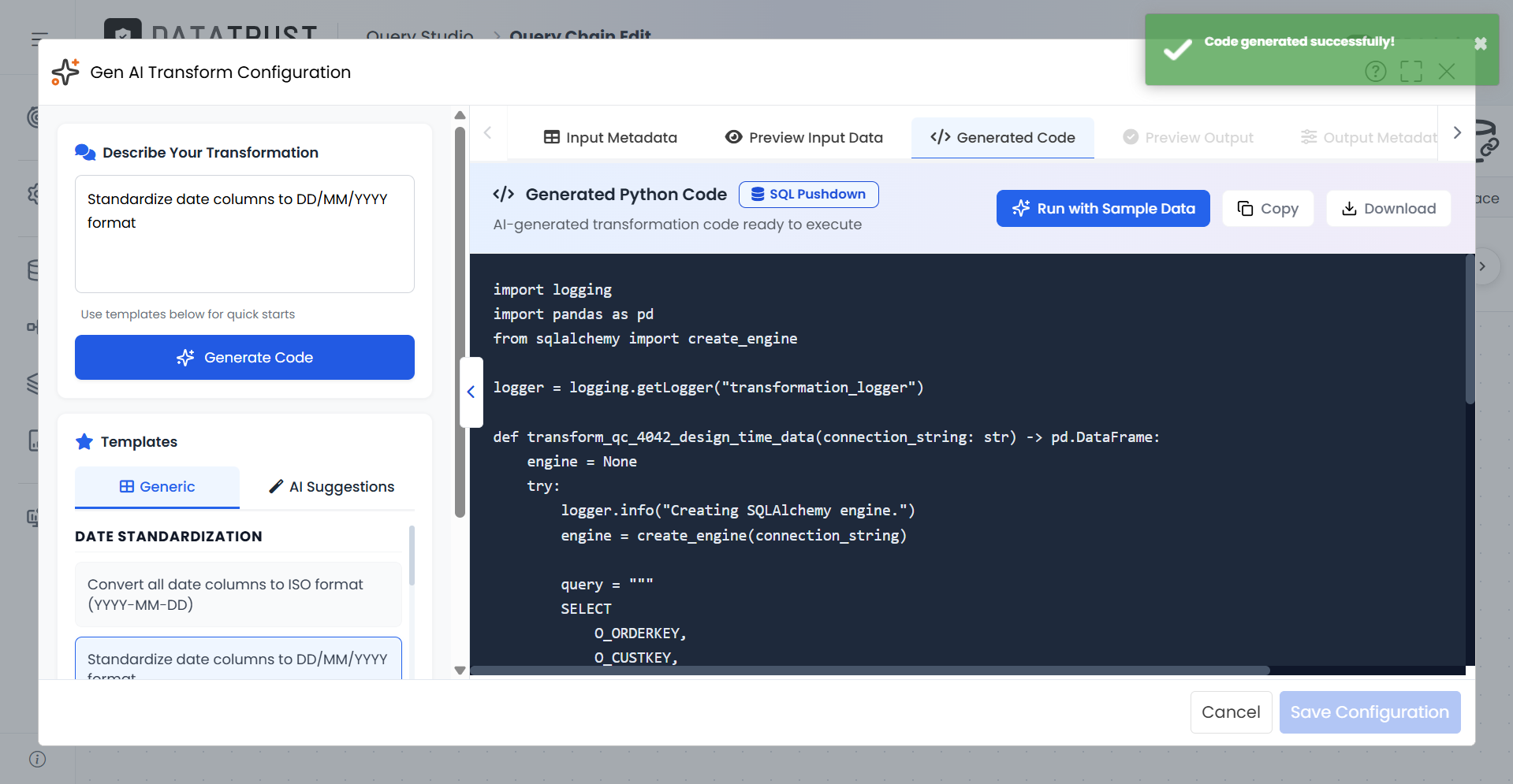 Clicking Generate Code produces AI-generated Python transformation code with a SQL Pushdown badge.