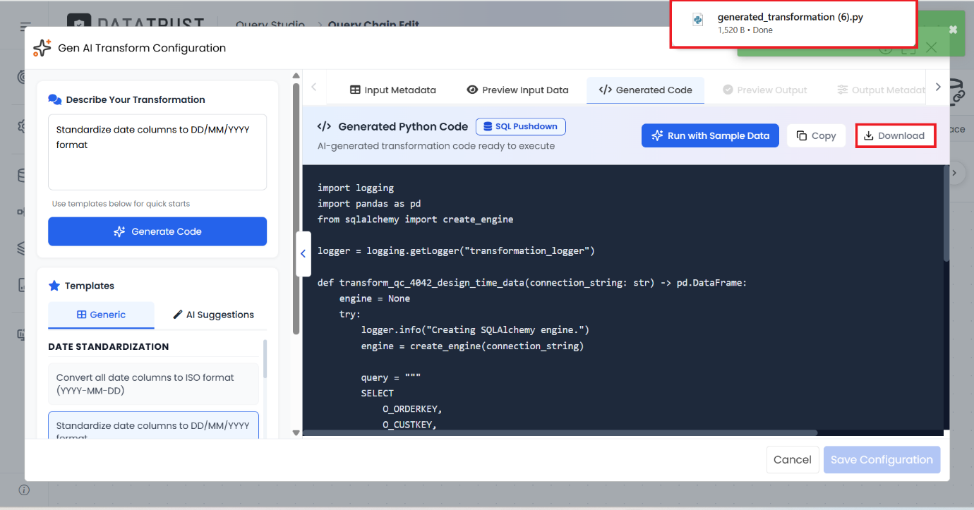 Clicking Download saves the generated code as a Python file, 'generated_transformation (6).py'.