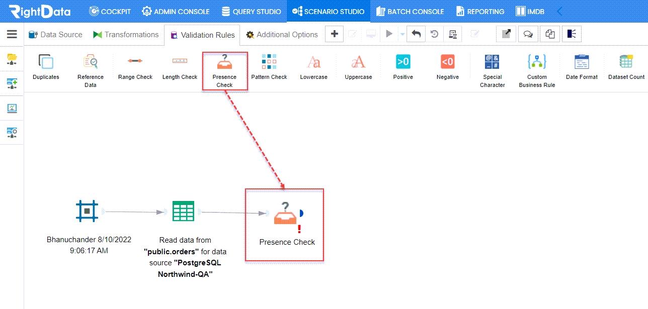 Validation using Presence Check business rule – RightData