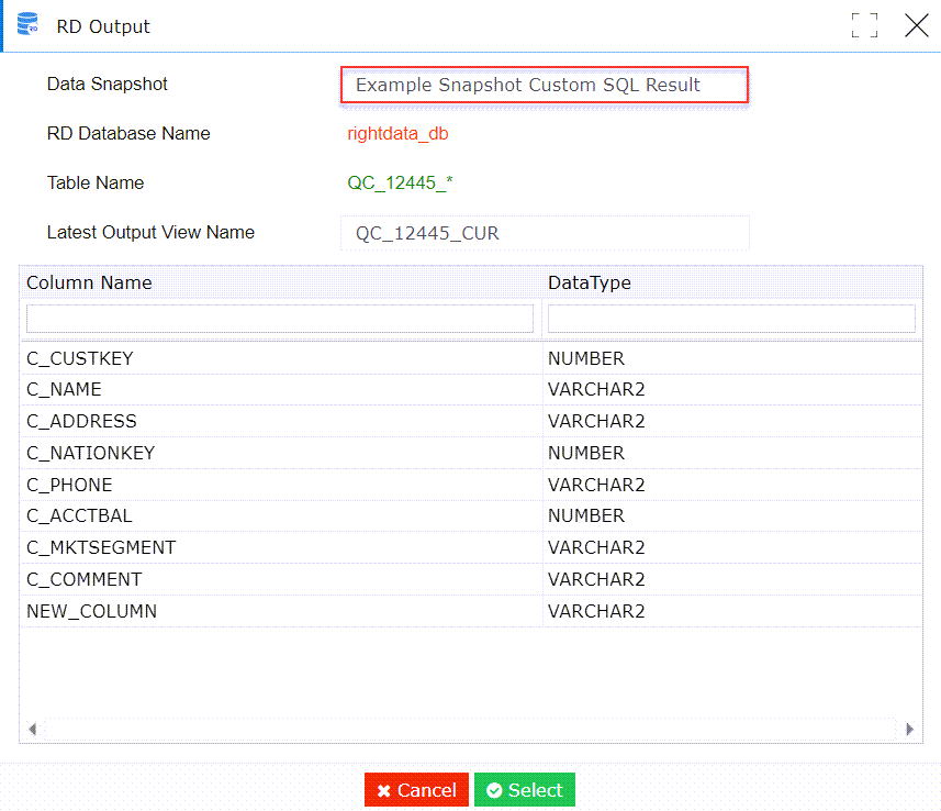 Snapshot data from Custom SQL Query Results RightData