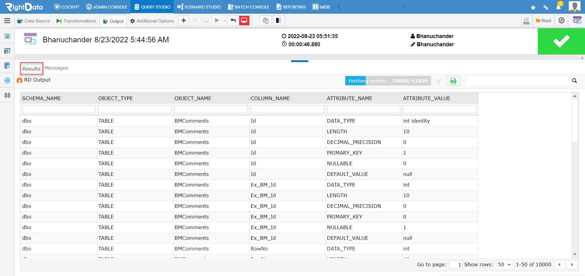 QC execution using snapshot Output of a Metadata RightData